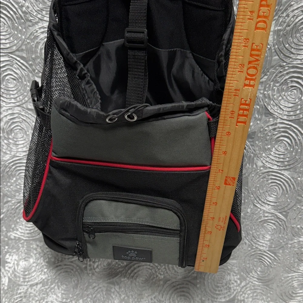 Top Paw Dog Carrier Backpack in Black and Gray with Red Trim